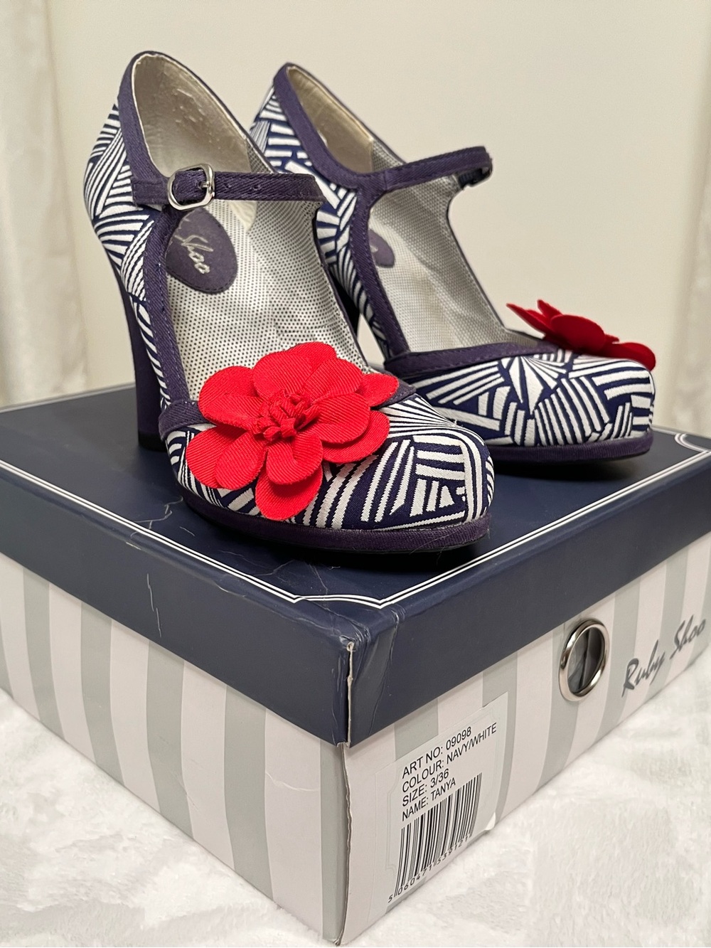 Ruby Shoo Sz 36 Womenโs Navy & White Patterned Heels with Red Flower Accent
